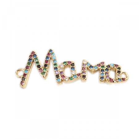 Ottone Connettore Oro Placcato Lettere " Mama " Multicolore Strass 31mm x 11mm, 1 Pz