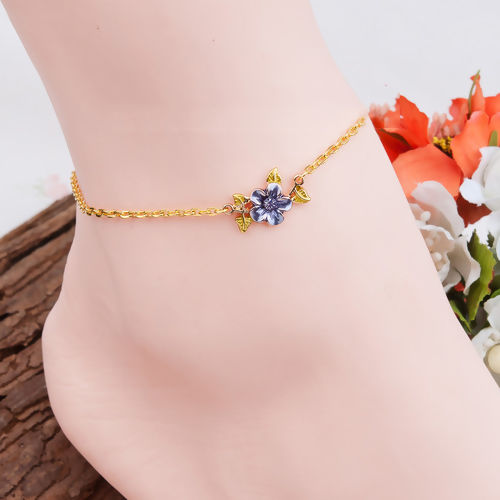 Picture of New Fashion Anklet Flower Connector Rhinestone Link Cable Chain Gold Plated Purple Rhinestone 21cm(8 2/8") long, 1 Piece