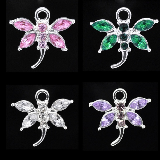 Picture of Silver Plated Rhinestone Dragonfly Charm Pendants 20x19mm, sold per packet of 10