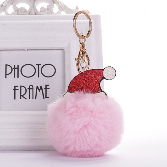 Picture of Zinc Based Alloy Keychain & Keyring Gold Plated Red Christmas Hats Pom Pom Ball Sequins 15.4cm x 7.4cm, 1 Piece