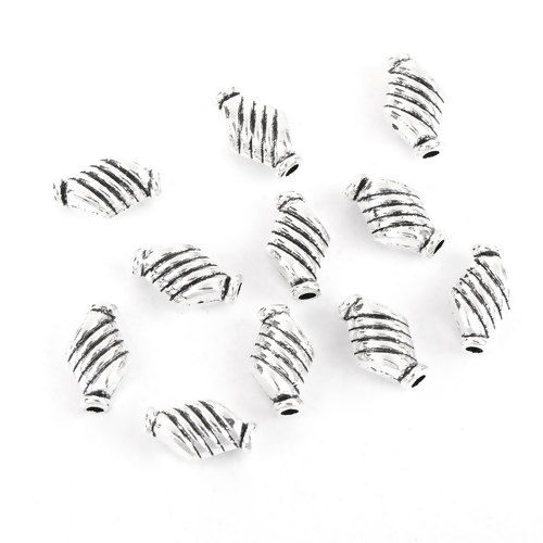 Immagine di Lega di Zinco Separatori Perline Rettangolo Argento Antico Intagliato Scolpisce Circa 12mm x 5mm, Foro:Circa 1.7mm, 50 Pz