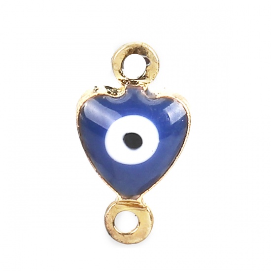 Picture of Copper Connectors Heart Gold Plated Green Evil Eye Enamel 10mm( 3/8") x 6mm( 2/8"), 10 PCs