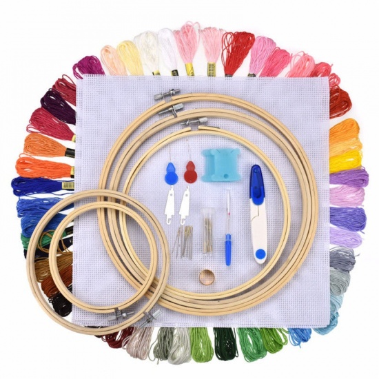 Picture of At Random - 5 Bamboo Coils And 50 Colors Thread Embroidery Needle Set Embroidered Stitching Thread Kit DIY Sewing Accessories Tape Measure Floss Bobbins, 1 Set