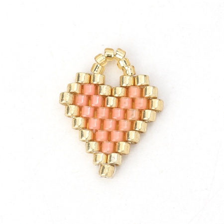 Glass Seed Beads Charms Heart Orange Pink 15mm( 5/8") x 12mm( 4/8"), 2 PCs