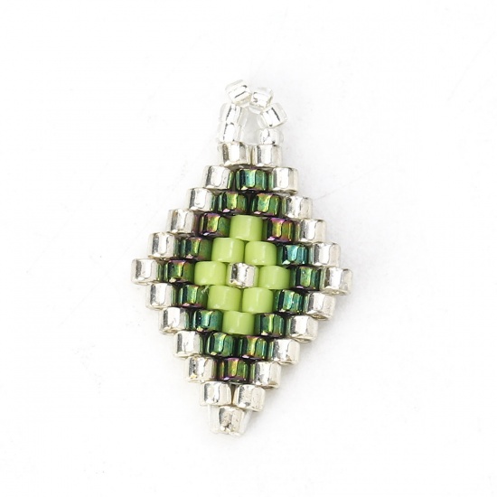 Bild von Glas Rocailles Perlen Charms Raute Grün 19mm x 12mm, 2 Stück