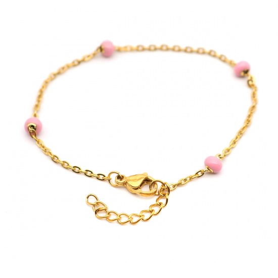 Picture of 304 Stainless Steel Bracelets Gold Plated Pink 18cm(7 1/8") long, 1 Piece