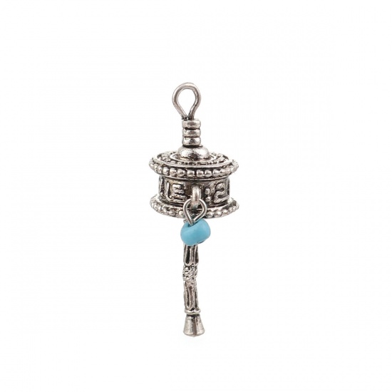 Picture of Zinc Based Alloy Boho Chic Charms Scepter Antique Silver Color Red 28mm(1 1/8") x 10mm( 3/8"), 3 PCs