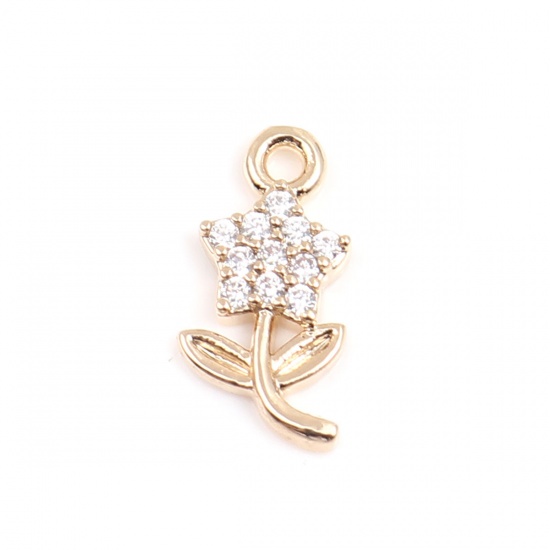 Picture of Zinc Based Alloy Micro Pave Charms Flower Leaves Gold Plated Fuchsia Rhinestone 13mm x 6mm, 5 PCs