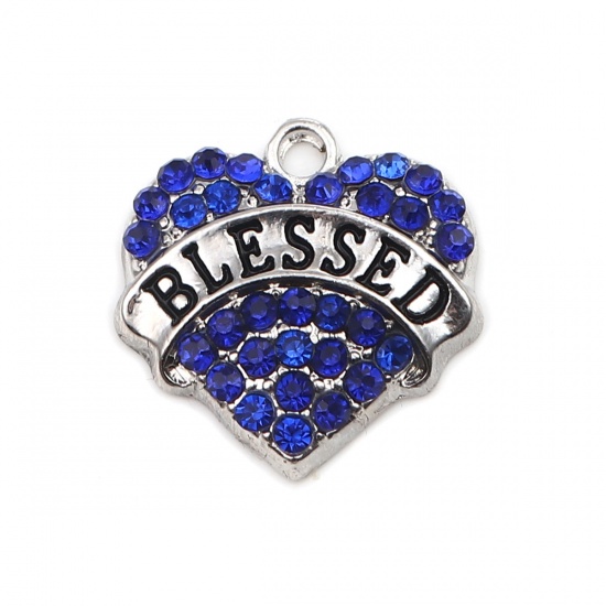 Picture of Zinc Based Alloy Charms Heart Silver Tone Black Message " Blessed " Pink Rhinestone 20mm x 20mm, 2 PCs