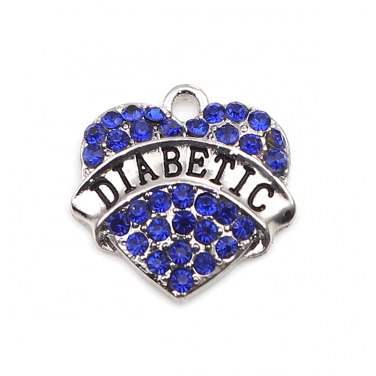 Picture of Zinc Based Alloy Charms Heart Silver Tone Black Message " Diabetic " Pink Rhinestone 20mm x 20mm, 2 PCs