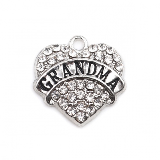 Picture of Zinc Based Alloy Charms Heart Silver Tone Black Message " Grandma " Pink Rhinestone 20mm x 20mm, 2 PCs