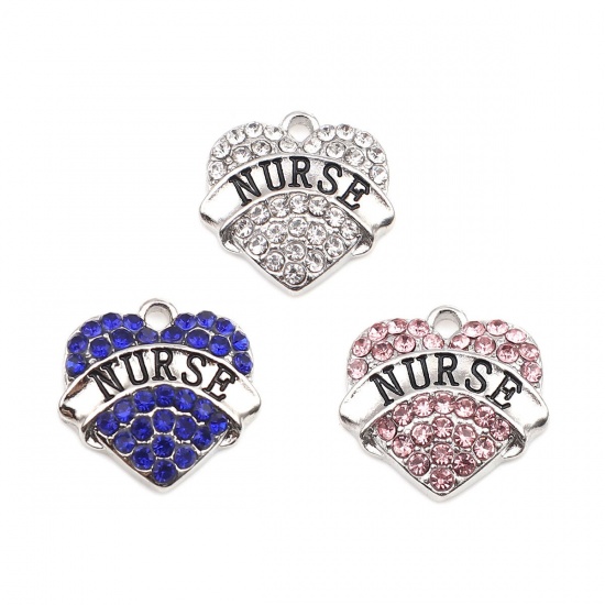 Picture of Zinc Based Alloy Charms Heart Silver Tone Black Message " Nurse " Pink Rhinestone 20mm x 20mm, 2 PCs
