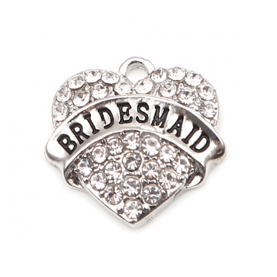 Picture of Zinc Based Alloy Charms Heart Silver Tone Black Message " Bridesmaid " Blue Rhinestone 20mm x 20mm, 2 PCs