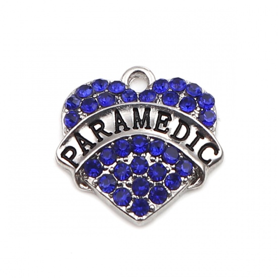 Picture of Zinc Based Alloy Charms Heart Silver Tone Black Message " PARAMEDIC " Pink Rhinestone 20mm x 20mm, 2 PCs