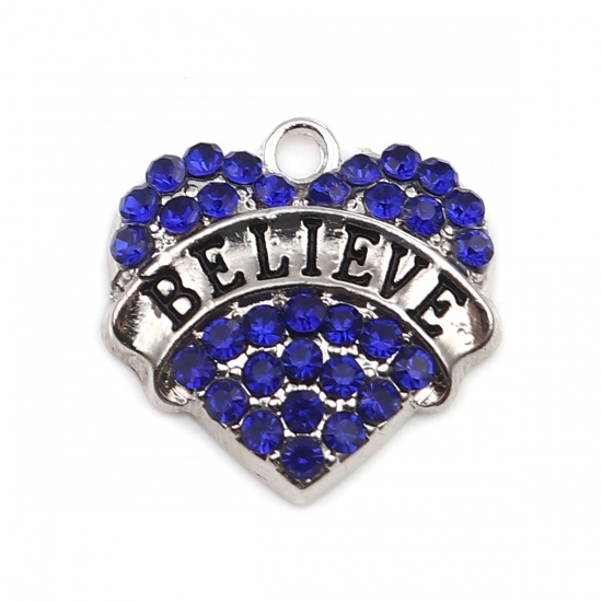 Picture of Zinc Based Alloy Charms Heart Silver Tone Black Message " Believe " Pink Rhinestone 20mm x 20mm, 2 PCs