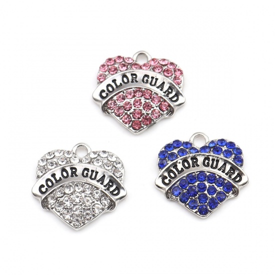 Picture of Zinc Based Alloy Charms Heart Silver Tone Black Message " COLOR GUARD " Pink Rhinestone 20mm x 20mm, 2 PCs