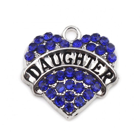 Picture of Zinc Based Alloy Charms Heart Silver Tone Black Message " Daughter " Pink Rhinestone 20mm x 20mm, 2 PCs