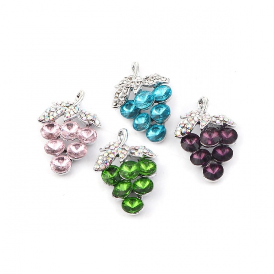 Picture of Zinc Based Alloy Charms Grape Fruit Silver Plated Blue Rhinestone 29mm(1 1/8") x 19mm( 6/8"), 2 PCs