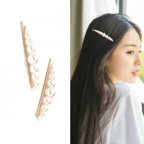 Picture of Hair Clips Findings Gold Plated White Rectangle Imitation Pearl 6.2cm x 1.9cm, 2 PCs