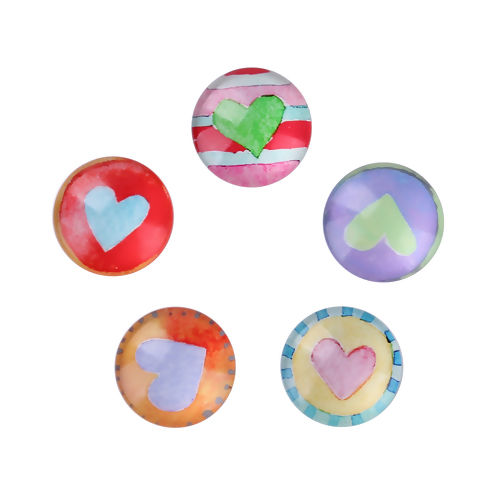 Picture of Glass Dome Seals Cabochon Round Flatback At Random Heart Pattern 12mm( 4/8") Dia, 50 PCs