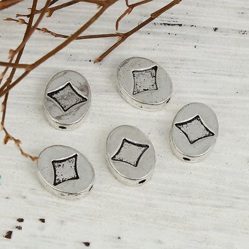 Picture of Zinc Based Alloy Spacer Beads Oval Antique Silver Color Rhombus 12mm x 9mm, Hole: Approx 1.2mm, 50 PCs