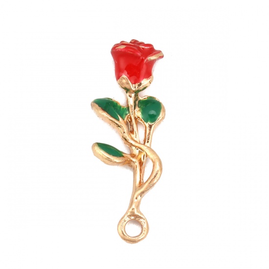 Picture of Zinc Based Alloy Charms Rose Flower Red Enamel 28mm(1 1/8") x 10mm( 3/8"), 10 PCs