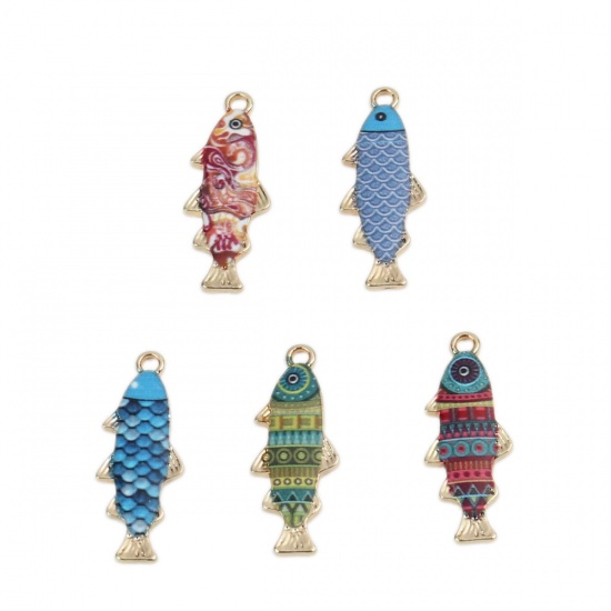 Picture of Zinc Based Alloy Ocean Jewelry Charms Fish Animal Gold Plated Multicolor Enamel 27mm x 11mm, 10 PCs
