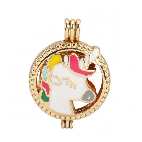 Picture of Zinc Based Alloy Wish Pearl Locket Jewelry Pendants Round Horse Rose Gold Multicolor Enamel Can Open (Fit Bead Size: 8mm) 38mm(1 4/8") x 27mm(1 1/8"), 2 PCs