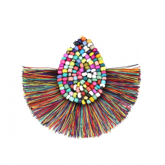 Picture of Glass Seed Beads & Polyester Tassel Pendants Drop Peach Pink 60mm(2 3/8") x 52mm(2"), 3 PCs
