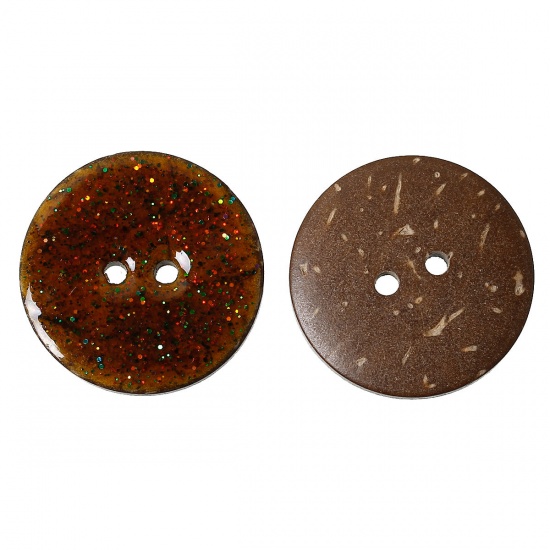 Picture of Natural Coconut Shell Sewing Buttons Scrapbooking 2 Holes Round Brown Enamel Glitter 25mm(1") Dia, 10 PCs