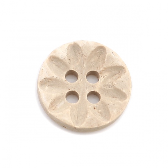 Picture of Coconut Shell Sewing Buttons Scrapbooking 4 Holes Christmas Snowflake Natural Round Pattern 15mm Dia, 50 PCs
