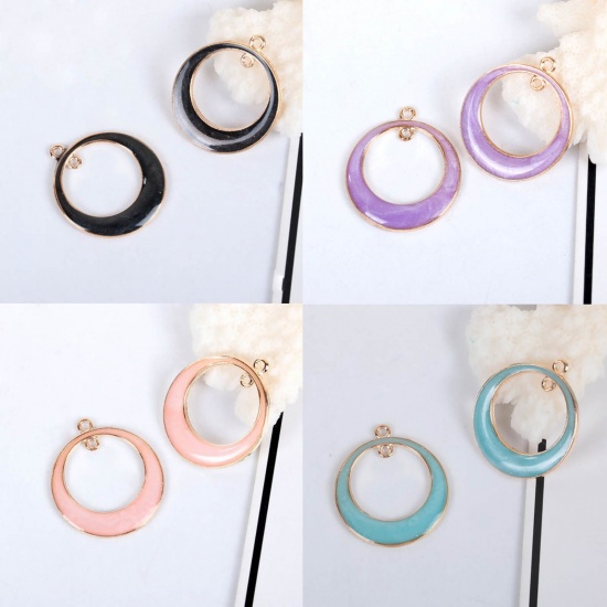 Picture of Zinc Based Alloy Open Double Circle Circular Lunar Eclipse Charms Gold Plated Purple Enamel W/ Loop 29mm(1 1/8") x 25mm(1"), 10 PCs