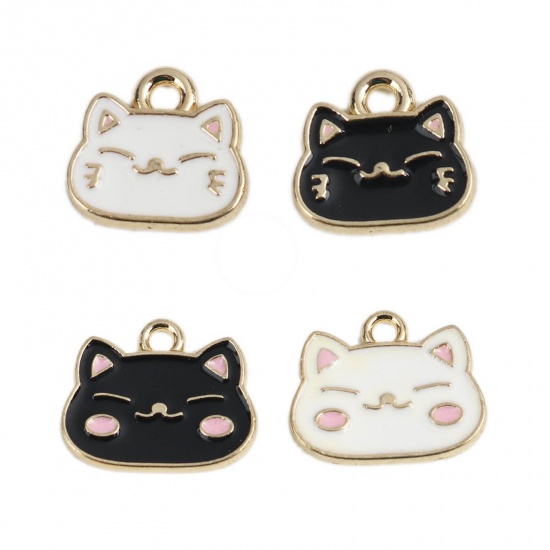 Picture of Zinc Based Alloy Charms Cat Animal Gold Plated Creamy-White Enamel 17mm x 14mm, 5 PCs