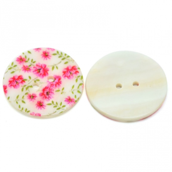 Picture of Shell Buttons Round 2 Holes Multicolor Flower Pattern 3cm Dia,20PCs