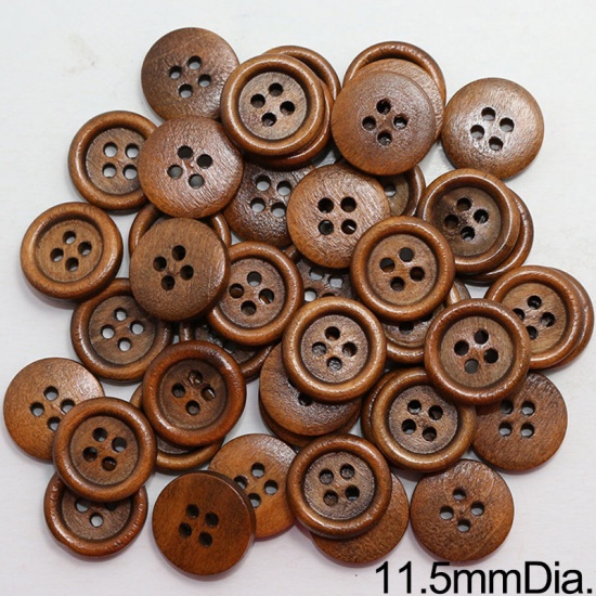 Picture of Wood Sewing Buttons Scrapbooking 4 Holes Round Light Brown 11.5mm Dia., 100 PCs