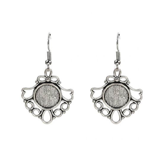 Picture of Zinc Based Alloy Cabochon Settings Earrings Findings Fan-shaped Antique Silver (Fit 12mm Dia.) 46mm(1 6/8") x 26mm(1"), Post/ Wire Size: (21 gauge), 10 PCs