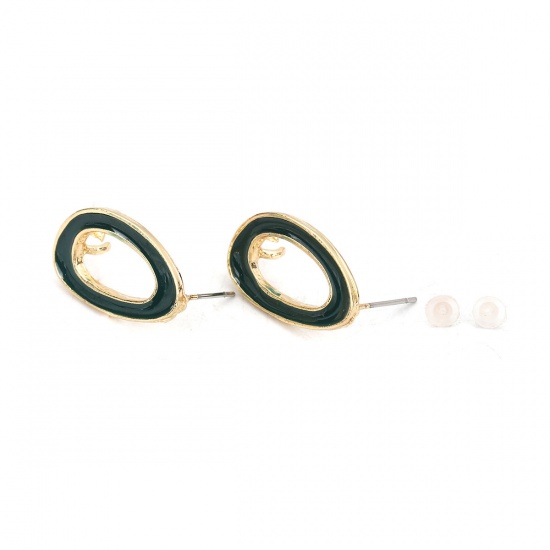 Picture of Zinc Based Alloy Enamel Ear Post Stud Earrings Findings Oval Gold Plated Wine Red W/ Open Loop 23mm x 13mm, Post/ Wire Size: (21 gauge), 10 PCs