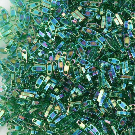 Picture of (Japan Import) Glass 1/4 Tila Rectangle Two Hole Twin Seed Beads Lake Blue AB Rainbow Color Transparent 5mm x 1.3mm, Hole: Approx 0.8mm, 2 Grams (Approx 50 PCs/Gram)