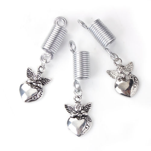 Image de Perles de Tressage Cheveux Dreadlocks en Alliage de Zinc Forme Ange Argent Antique 59mm x 25mm, 5 Pcs