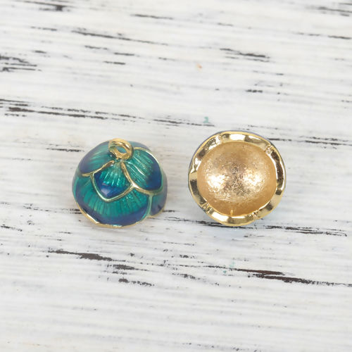 Picture of Brass Cloisonne Beads Caps Lotus Flower Gold Plated Peacock Green Enamel (Fit Beads Size: 12mm Dia.) 11mm( 3/8") x 10mm( 3/8"), 2 PCs                                                                                                                         
