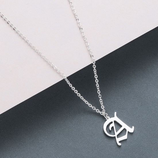 Picture of Stainless Steel Necklace Silver Tone Capital Alphabet/ Letter Message " A " 45cm(17 6/8") long, 1 Piece