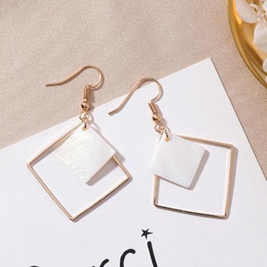 Picture of Earrings Gold Plated White & Gray Circle Ring Petaline Imitation Pearl 85mm long - 80mm long, 1 Pair