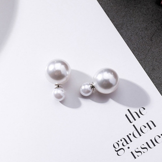 Imagen de Pendientes Tono de Plata Blanco Bola Imitación de perla Transparente Rhinestone 40mm x 10mm, 1 Par