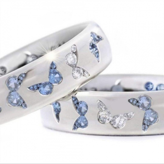 Picture of Unadjustable Rings Silver Tone Butterfly Clear & Blue Cubic Zirconia 15.7mm(US Size 5), 1 Piece
