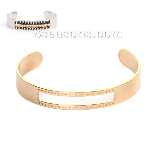 Picture of 304 Stainless Steel Open Centerline Beadable Cuff Bangles Bracelets Gold Plated Rectangle 14.5cm(5 6/8") long, 1 Piece