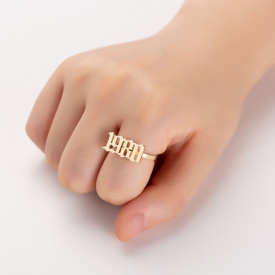 Picture of Stainless Steel Year Open Adjustable Rings Gold Plated Number " 1980 " Adjustable 17.3mm(US Size 7), 1 Piece