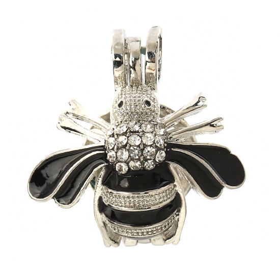 Picture of Zinc Based Alloy Wish Pearl Locket Jewelry Pendants Bee Animal Gunmetal White Clear Rhinestone Enamel Can Open (Fit Bead Size: 8mm) 23mm( 7/8") x 22mm( 7/8"), 2 PCs