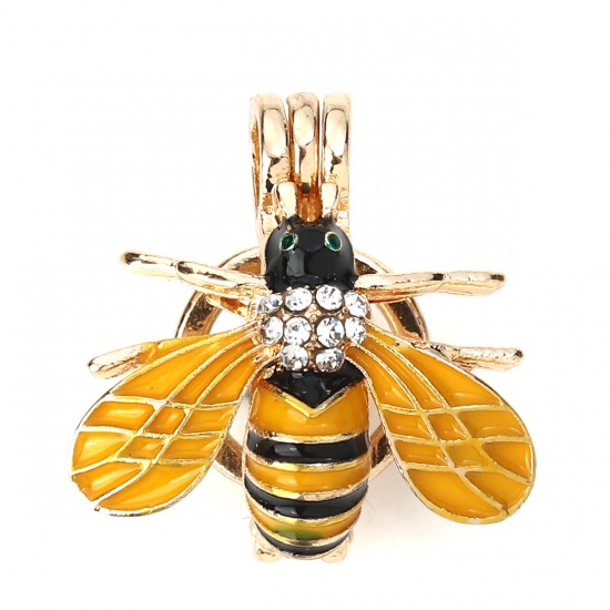 Picture of Zinc Based Alloy Wish Pearl Locket Jewelry Pendants Bee Animal Gunmetal Yellow Clear Rhinestone Enamel Can Open (Fit Bead Size: 8mm) 23mm( 7/8") x 22mm( 7/8"), 2 PCs