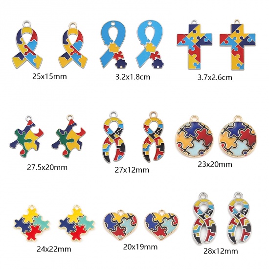 Picture of Zinc Based Alloy Medical Charms Round Multicolor Autism Awareness Jigsaw Puzzle Piece Enamel