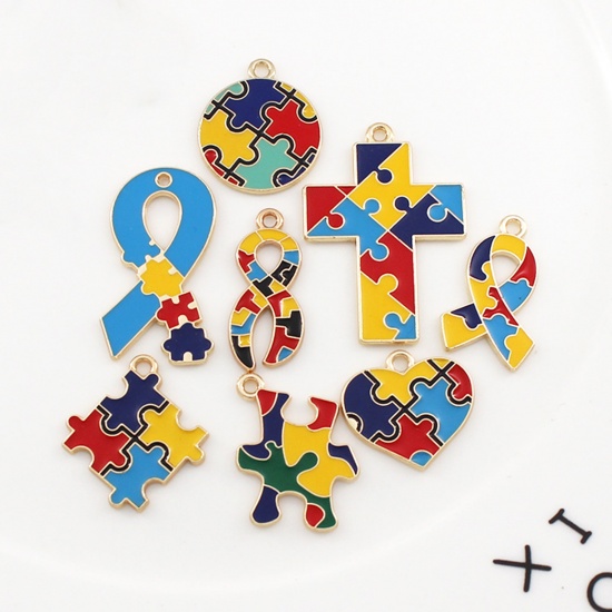 Picture of Zinc Based Alloy Medical Charms Round Multicolor Autism Awareness Jigsaw Puzzle Piece Enamel